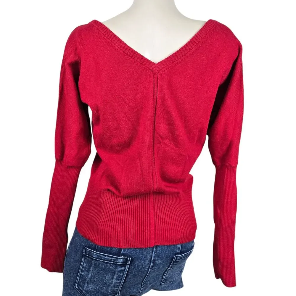 Boston Proper V-Neck Sweater XS Red Cashmere Silk Ribbed Waist & Sleeves